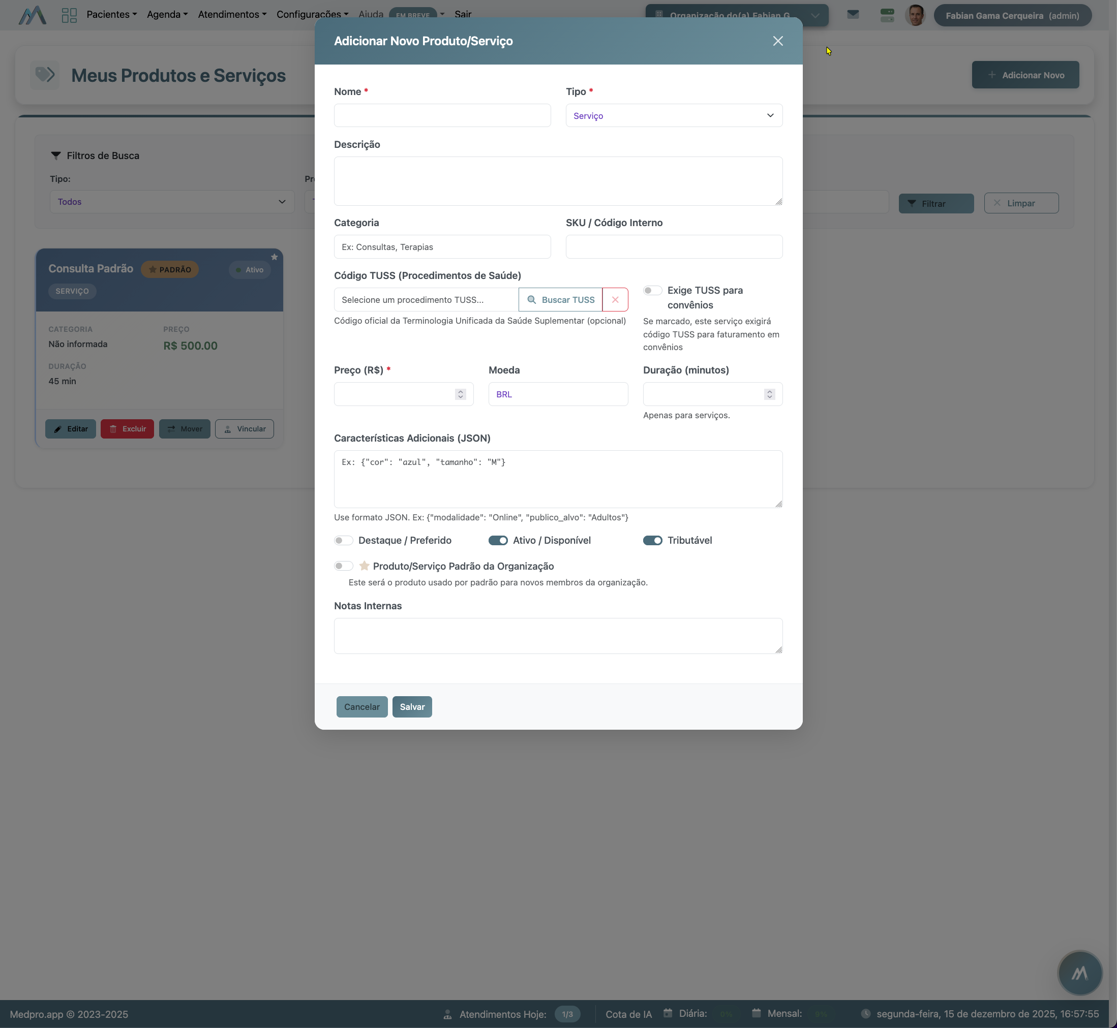 Tela do catálogo de produtos e serviços do MedPro